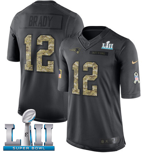 Nike Patriots #12 Tom Brady Black Super Bowl LII Men's Stitched NFL Limited 2016 Salute To Service Jersey - Click Image to Close